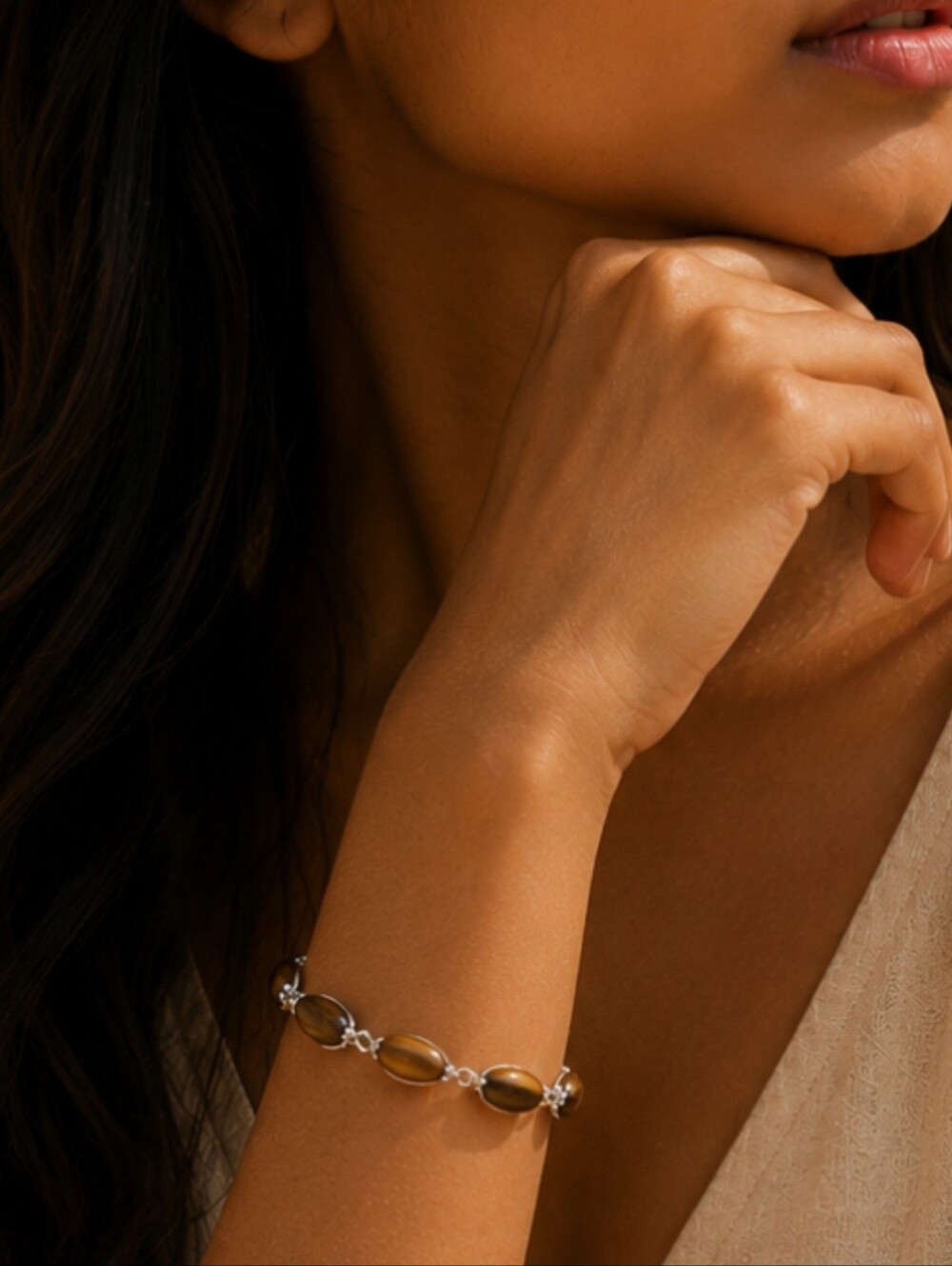 Tiger’s Eye Gemstone 925 Sterling Rhodium Plated Tennis Bracelet, 7.5"